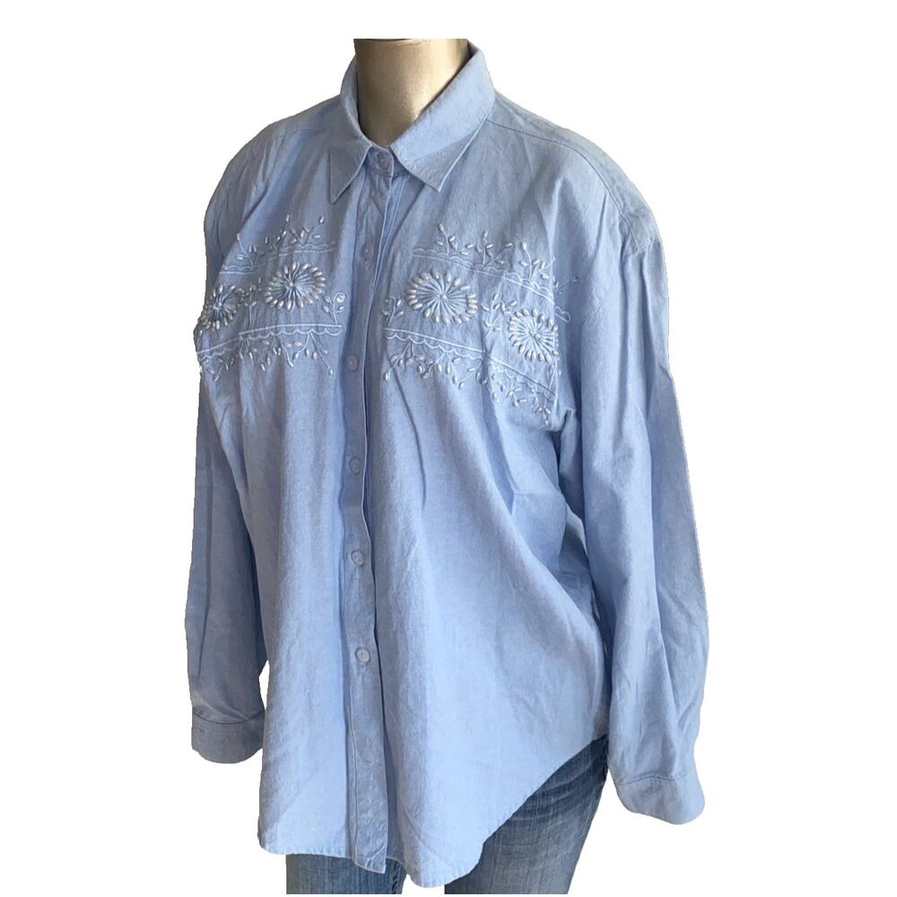 VTG Premier International Blue Chambray Button Up Shirt Embroidered Beaded M